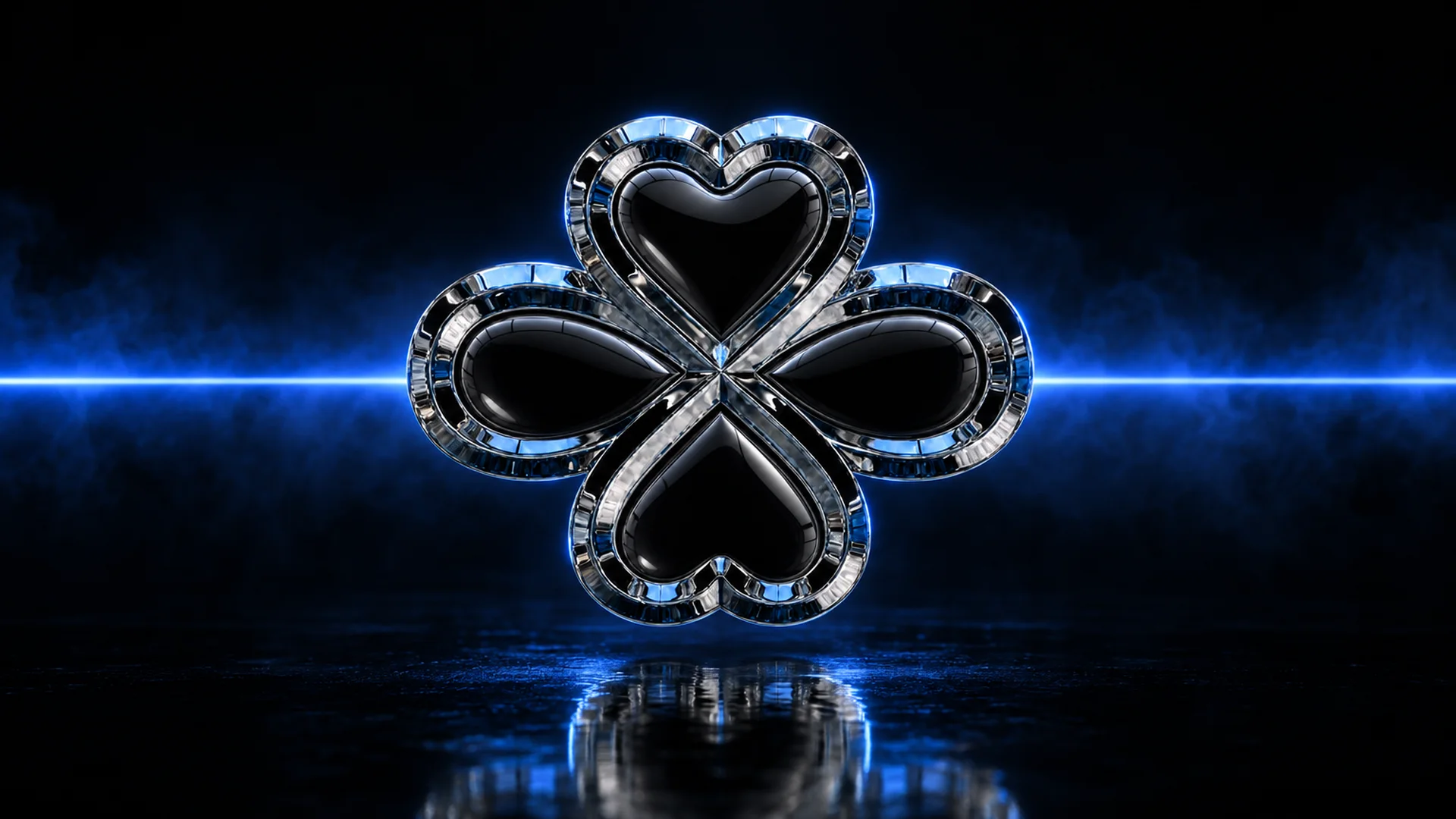 The MGBG.AI mark as a forged medallion: two onyx hearts and two infinity loops in chrome, lit by a line of blue light