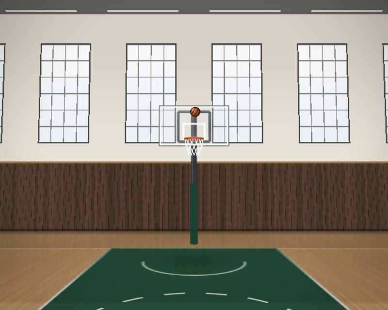 A basketball dropping toward the hoop in an old gym with tall windows