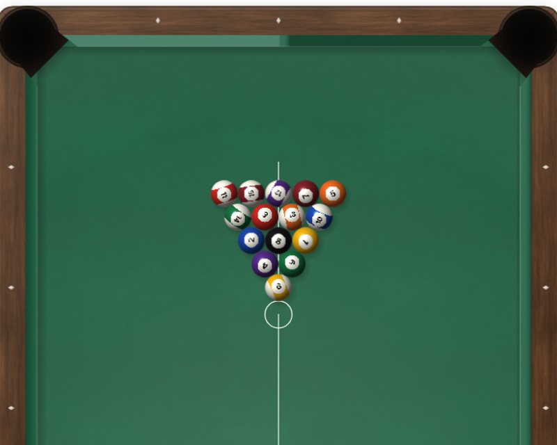 Looking down on a pool table, the balls racked for the break