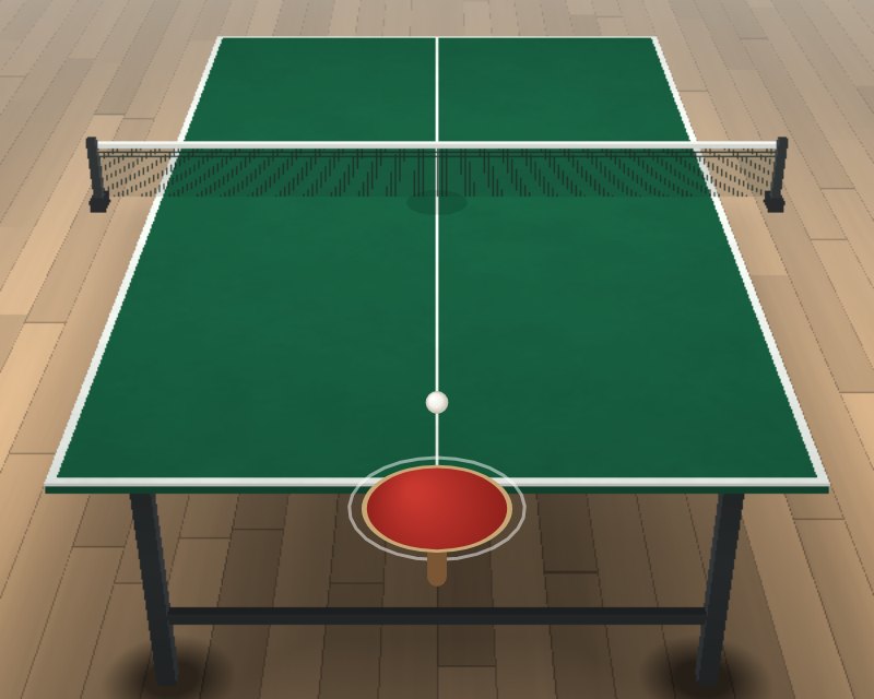 A green table tennis table on a wooden floor, the red paddle ready to serve