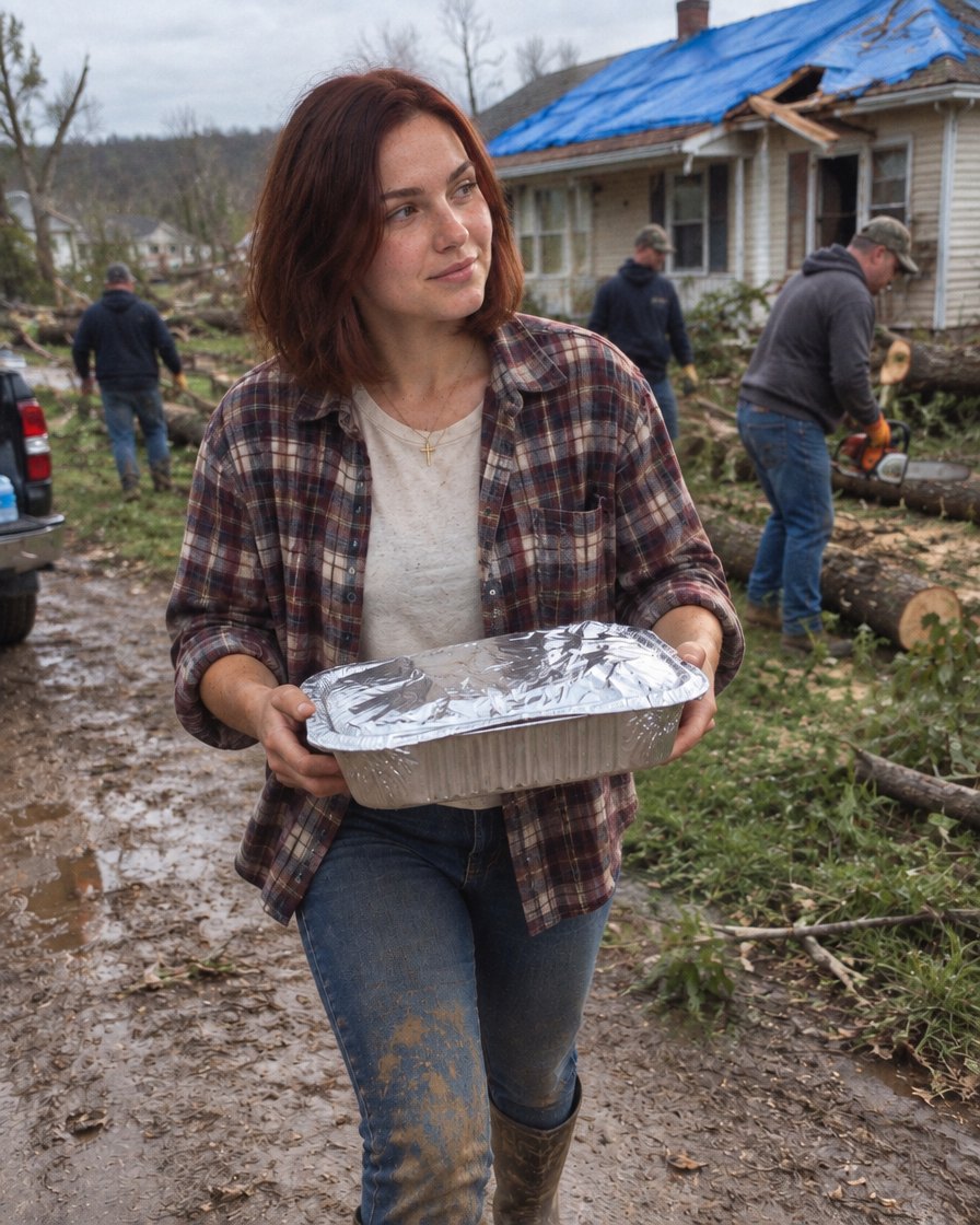 Christina bringing food to neighbors after the storm