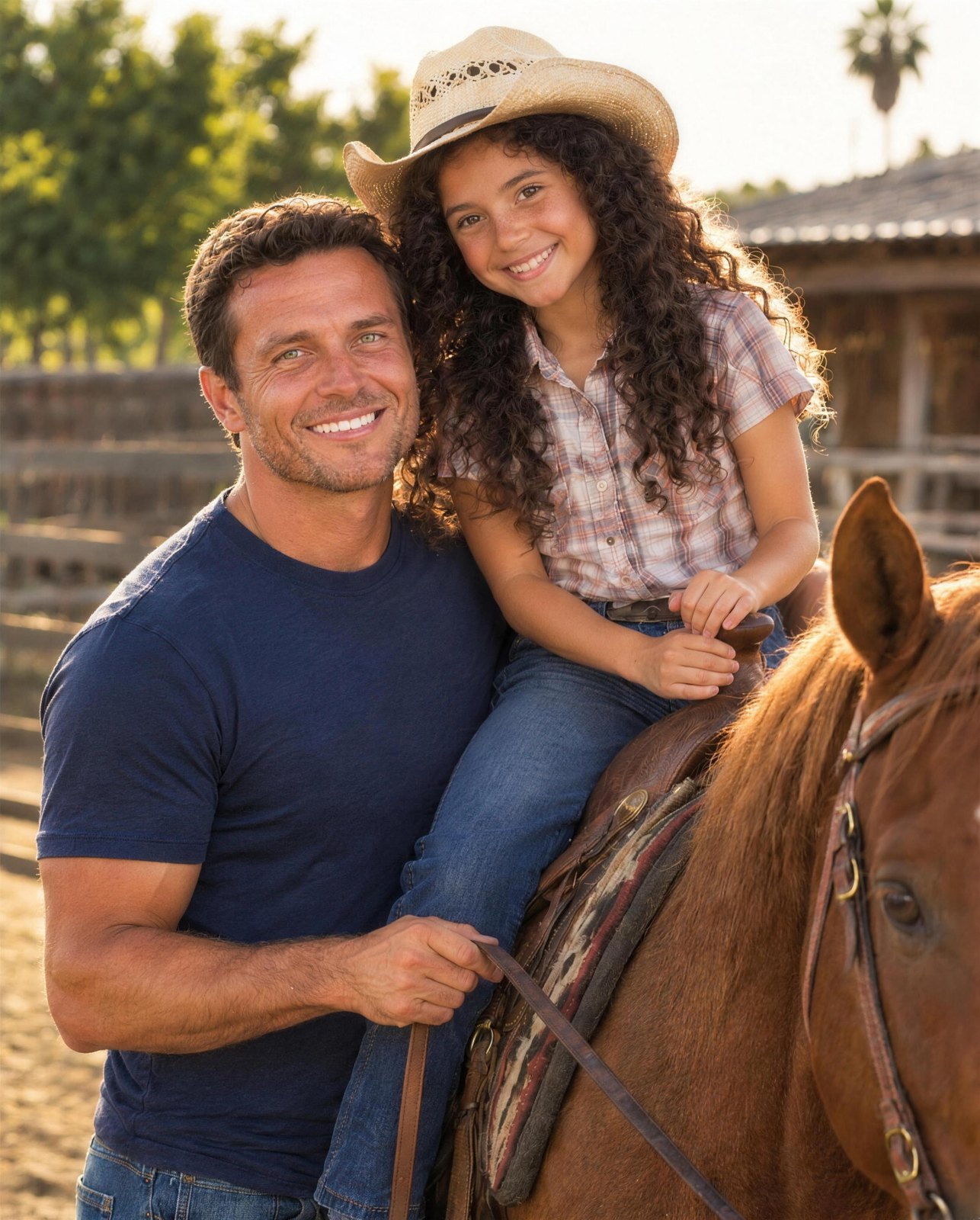 Christina at nine on her horse with her father, Daniel Mac