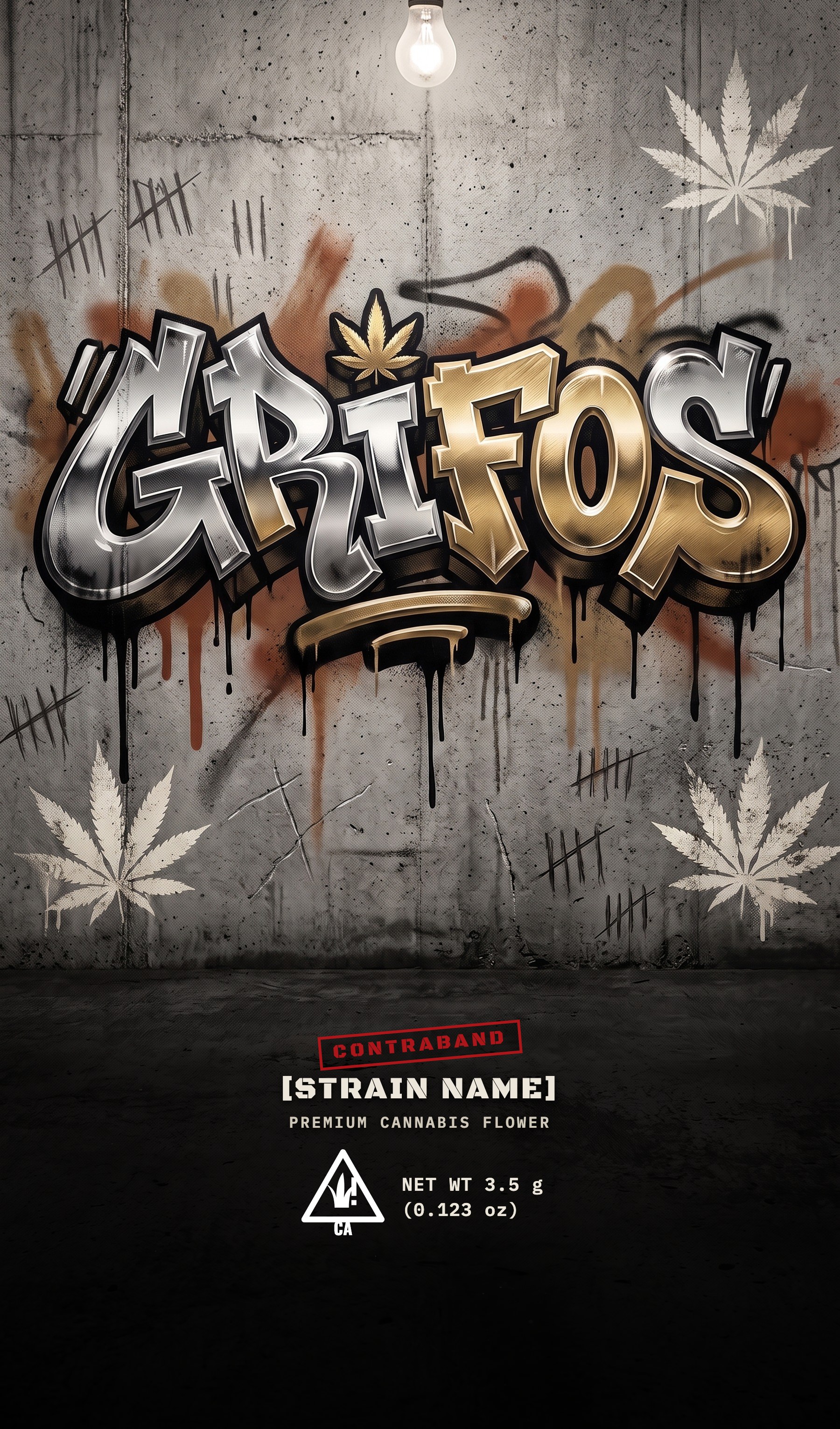 Cell Wall Piece: chrome and gold GRIFOS graffiti on a concrete cell wall