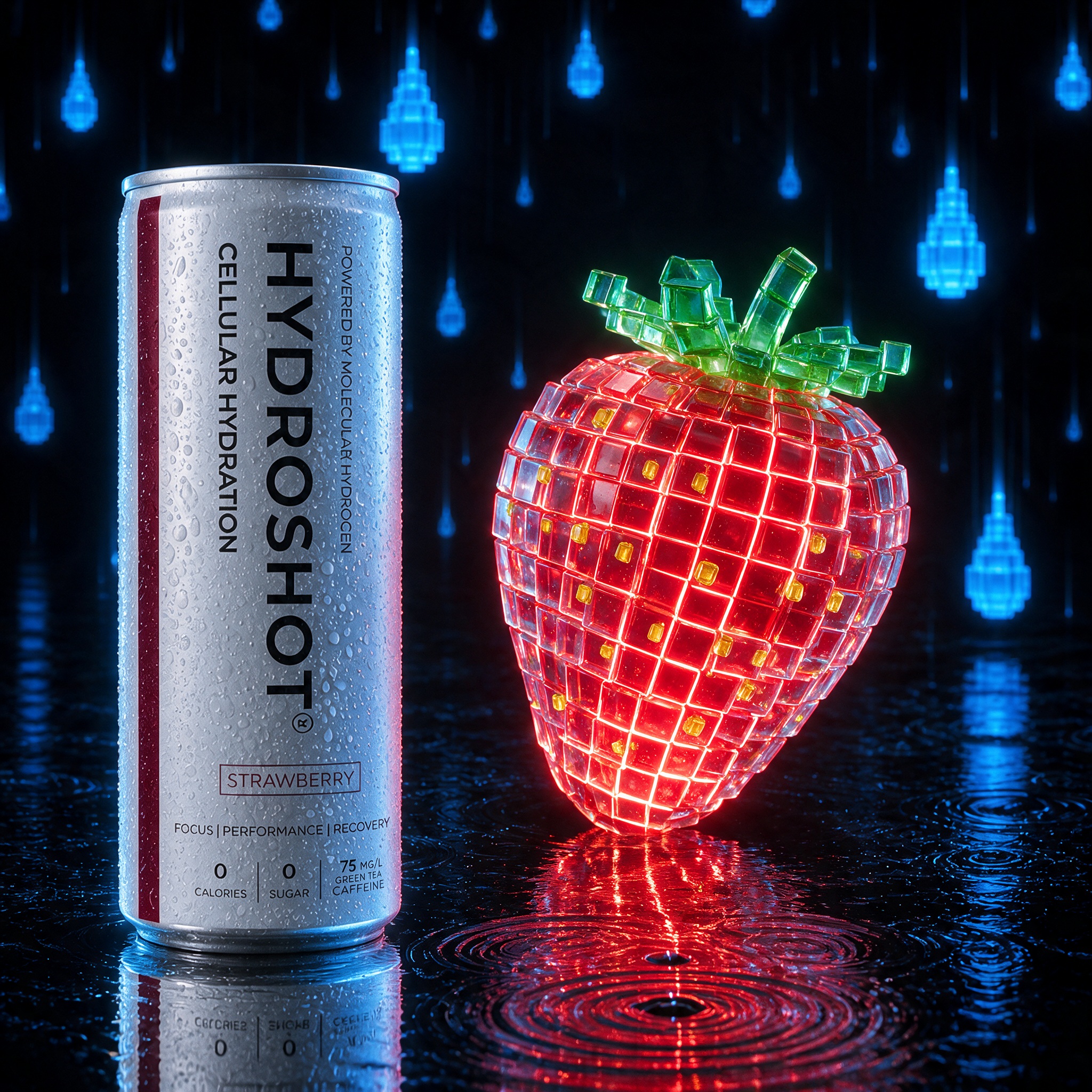 Hydroshot STRAWBERRY can standing beside a glowing 8-bit block strawberry