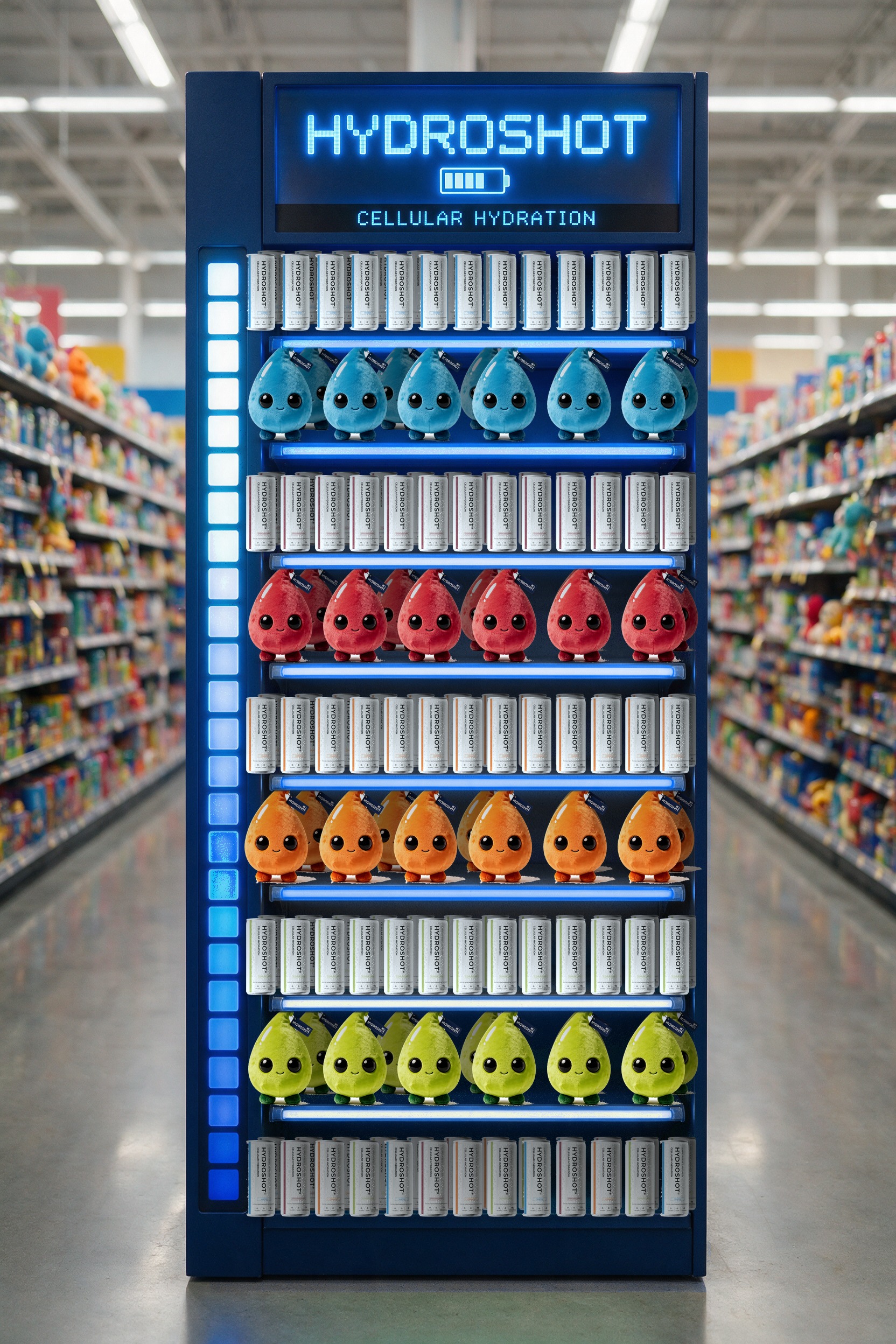 Hydroshot retail endcap with neon brand tower, canisters and DRIP plushies
