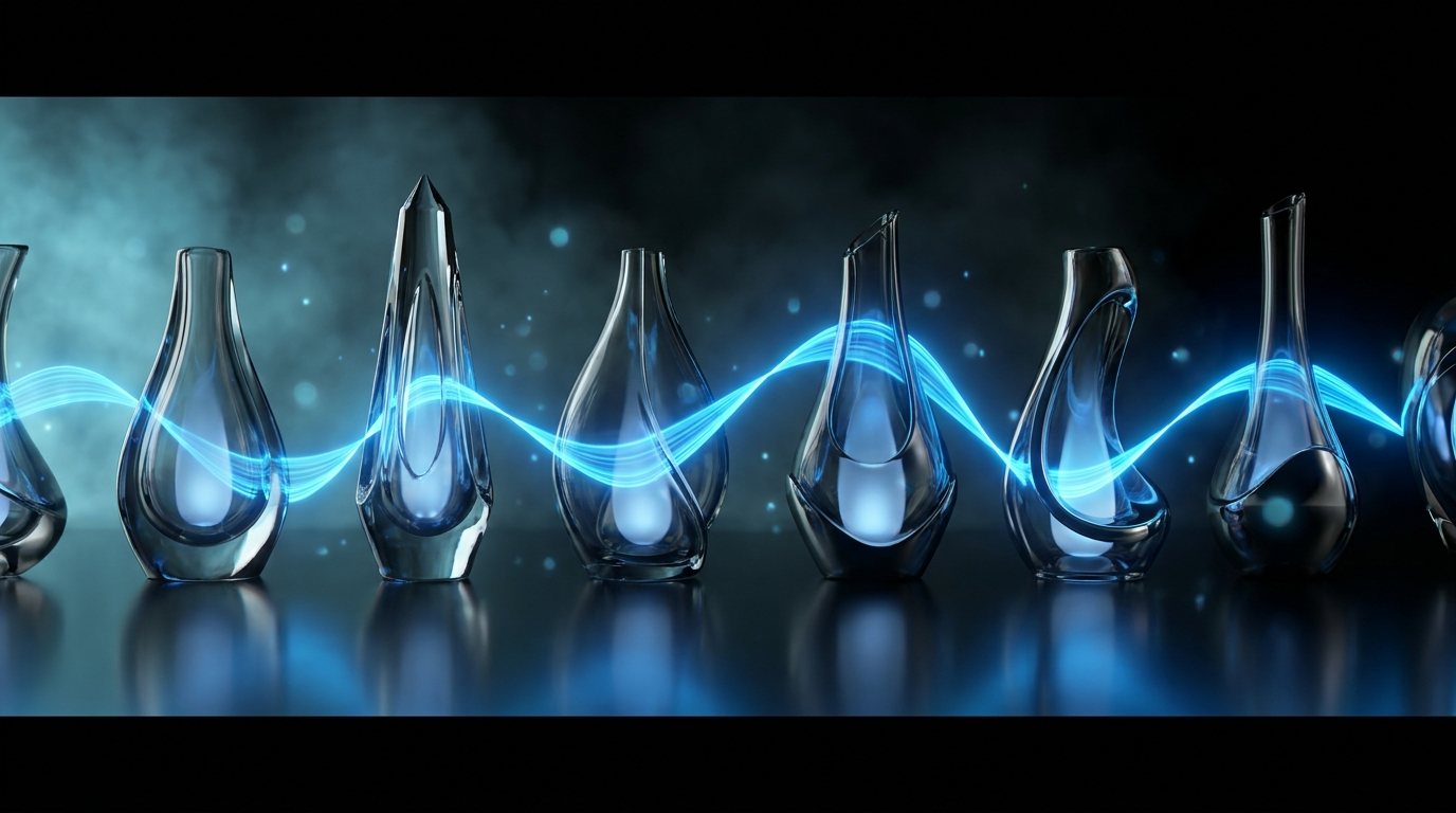 A continuous ribbon of blue light flowing through different vessels