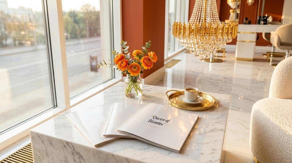A magazine open on the salon coffee table