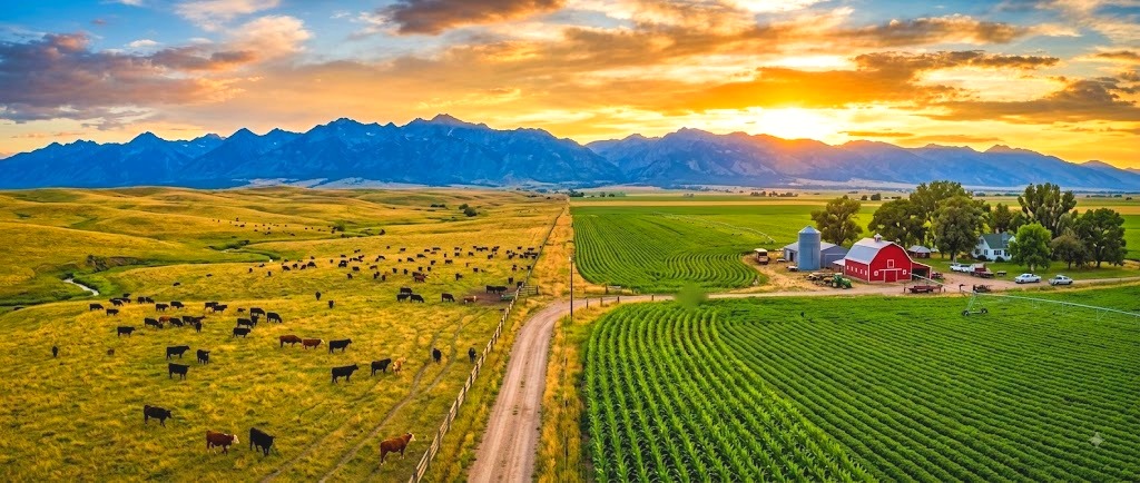 Cattle grazing on rangeland beside cultivated crop rows and a farmstead, mountains and a setting sun beyond